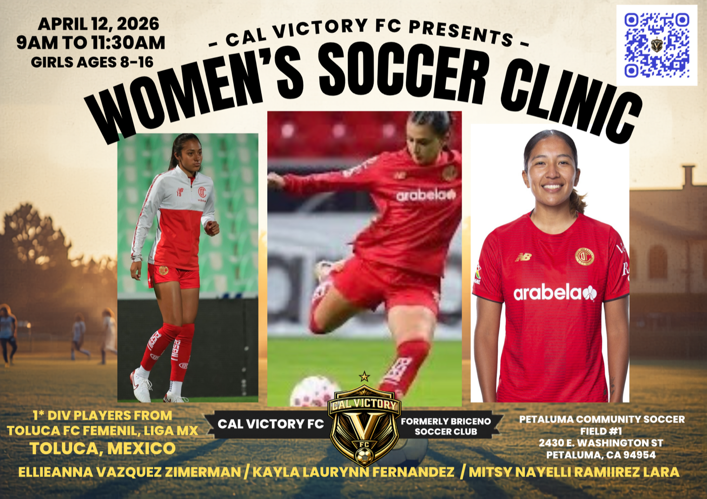 Cal Victory FC Women's Soccer Clinic flyer for April 12, 2026